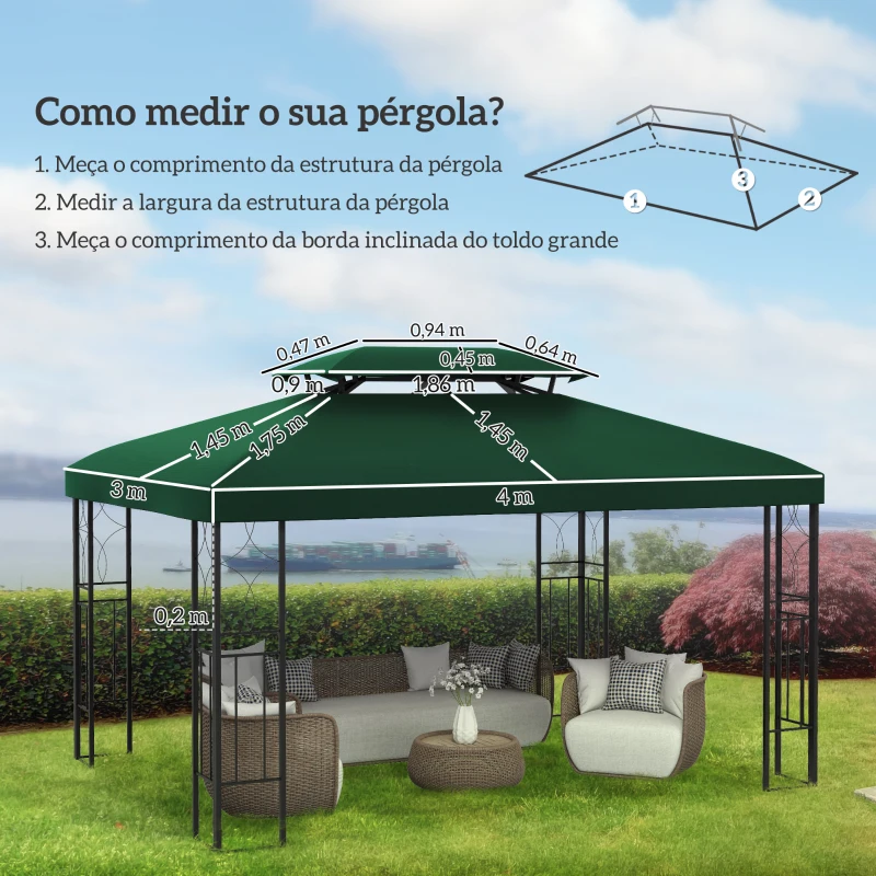 Outsunny Toldo de Substituição 4x3m para Pérgola 2 Níveis Respirável com 10 Orifícios de Drenagem Cobertura de Substituição Verde