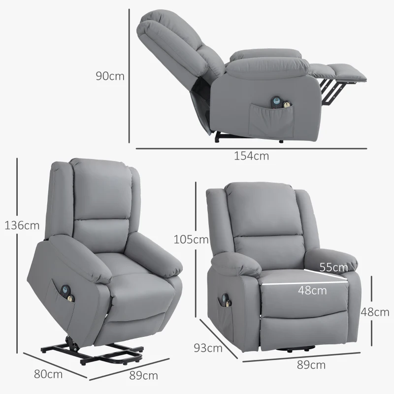 HOMCOM Sillón Levanta Personas Eléctrico con 8 Punto de Masaje Función de Calentamiento 2 Controles Remotos y Bolsillo Gris