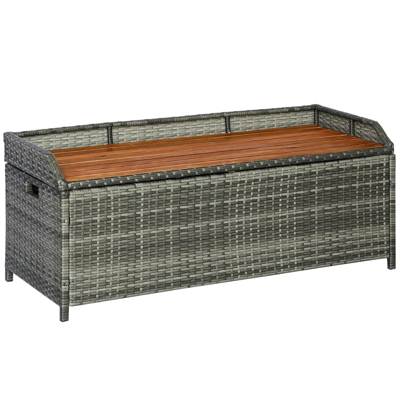 Outsunny Cassapanca da Esterno in Rattan Design 2 in 1, Baule da Esterno con Seduta in Legno, 121x50x50cm, Grigio