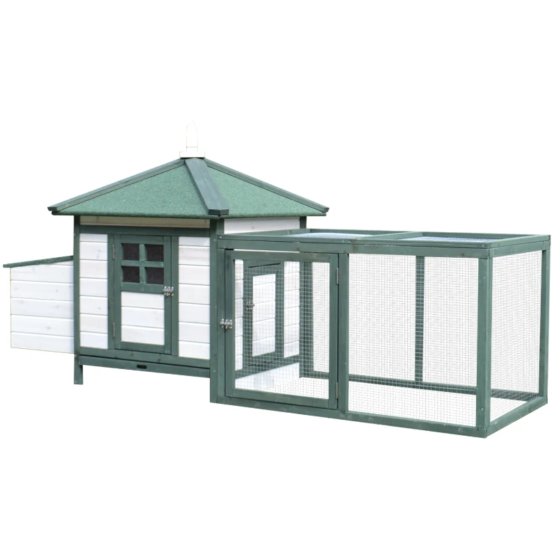 PawHut Pollaio da Giardino Prefabbricato in Legno 196x76x97cm, Bianco e Verde