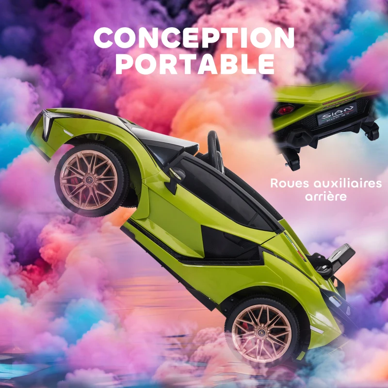HOMCOM Voiture électrique Enfants de Sport Supercar sous Licence Lamborghini Sian 12 V - V. Max. 5 Km/h avec Télécommande 2,4G Effets sonores + Lumineux Vert(m-6)