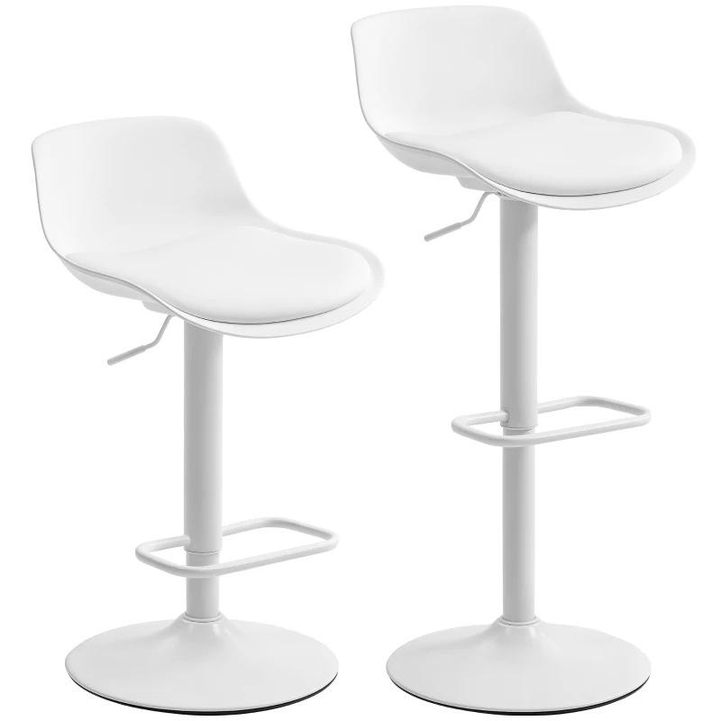 HOMCOM Set 2 Taburetes de Bar con Respaldo, Altura Ajustable, Asiento Giratorio en Cuero Sintético y Reposapiés, Blanco