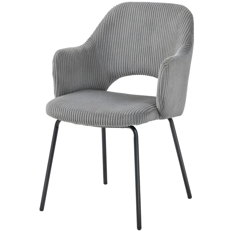 HOMCOM Chaise de Salle à Manger, Revêtement en Corduroy, Forme Coquille, Pieds Métalliques, Patins de Pieds, Gris