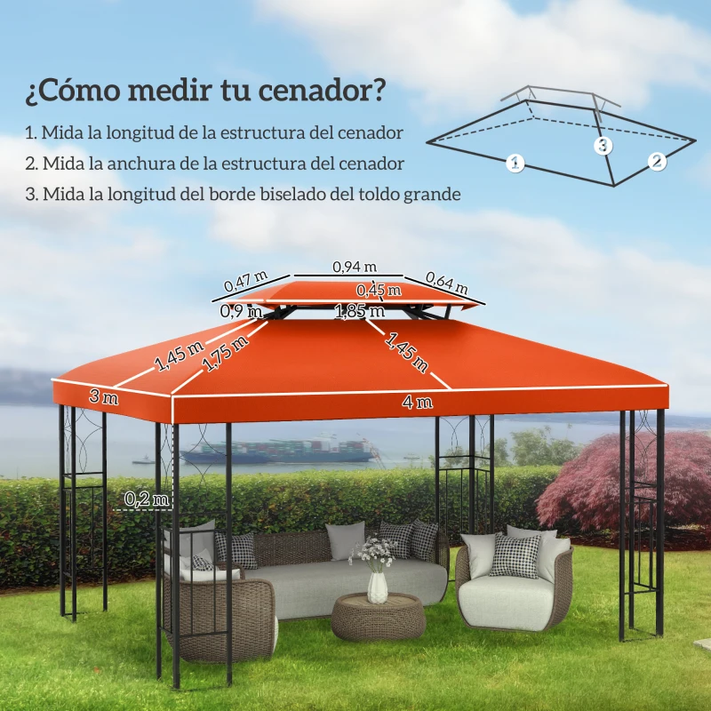 Outsunny Techo de Repuesto para Cenador 4x3 m Cubierta de Repuesto con Techo Doble 10 Orificios de Drenaje y Protección UV Toldo de Recambio para Pabellón Gazebo Rojo