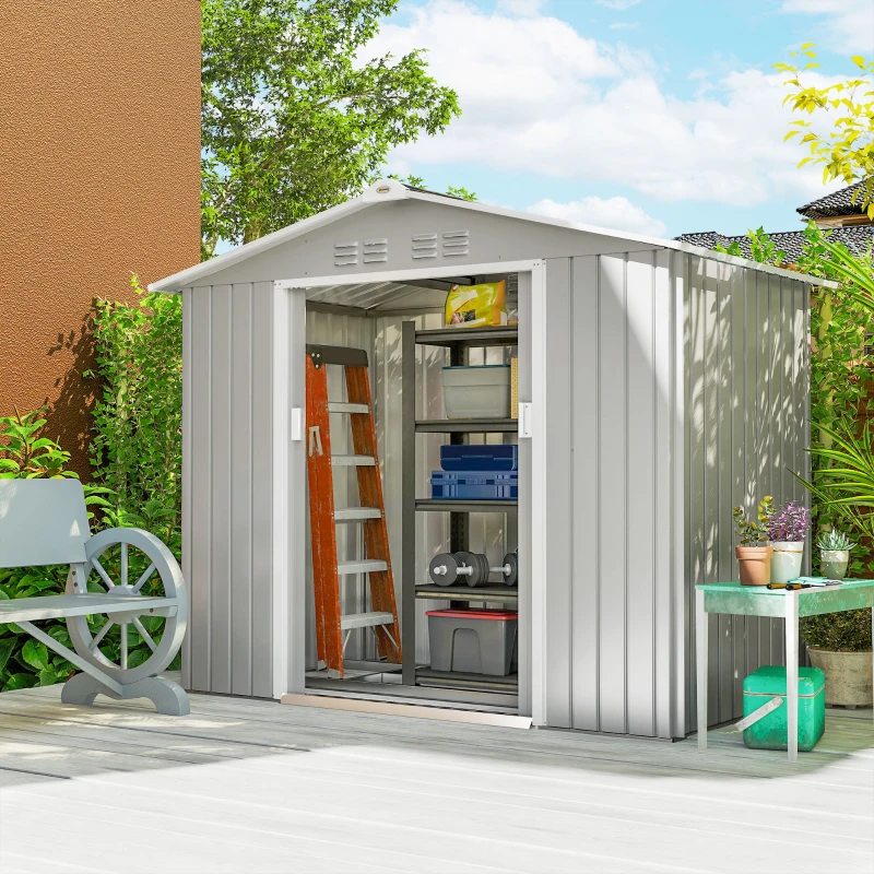 Outsunny Abrigo de Jardim 2,42 m 213x130x185 cm Abrigo de Jardim Metálico para Armazenamento com 2 Portas Deslizantes e 4 Janelas Cinza Claro