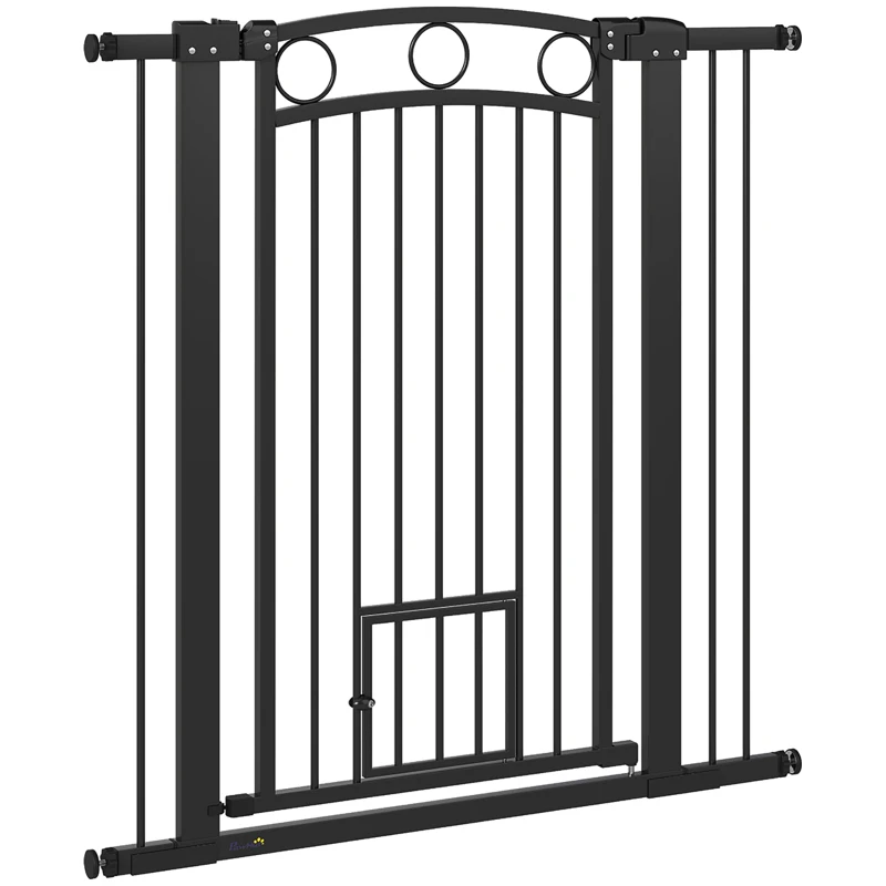 PawHut Barrière de sécurité pour animaux de compagnie de 106 cm de hauteur avec largeur ajustable, porte pour chats intégrée, pour escaliers et encadrements de porte, Noir
