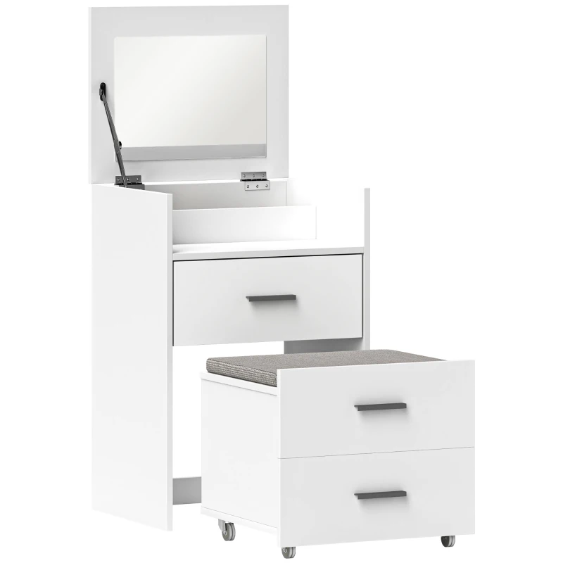 HOMCOM Tavolo da Trucco in Legno con Specchio Ribaltabile, 2 Cassetti e Sgabello, 50x40x113.5 cm, Bianco
