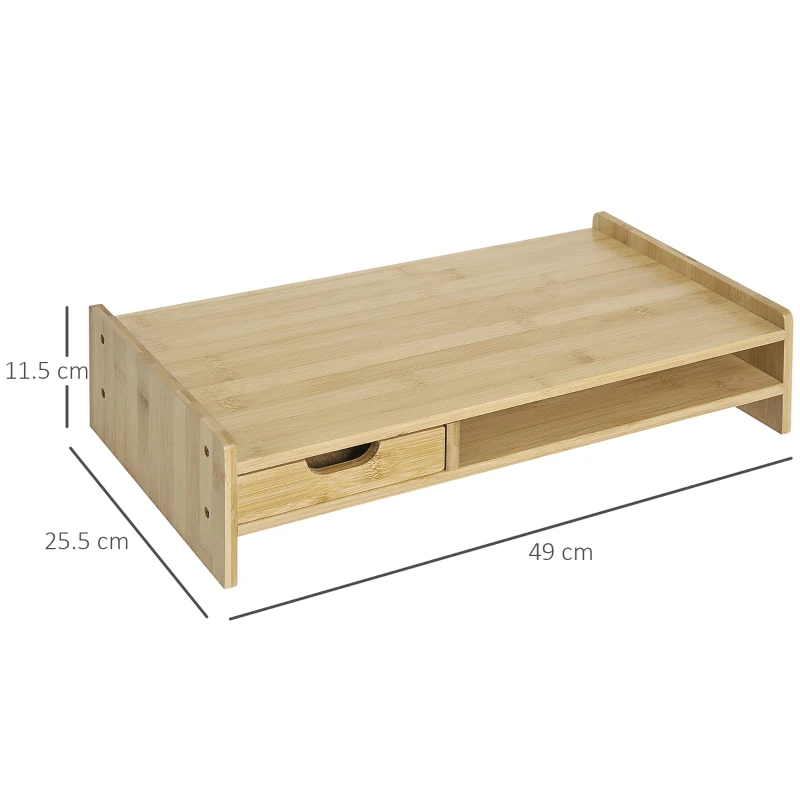 HOMCOM Bamboo Monitor Stand, Screen Riser for Laptop, Computer with Drawer and Storage Compartment, Natural