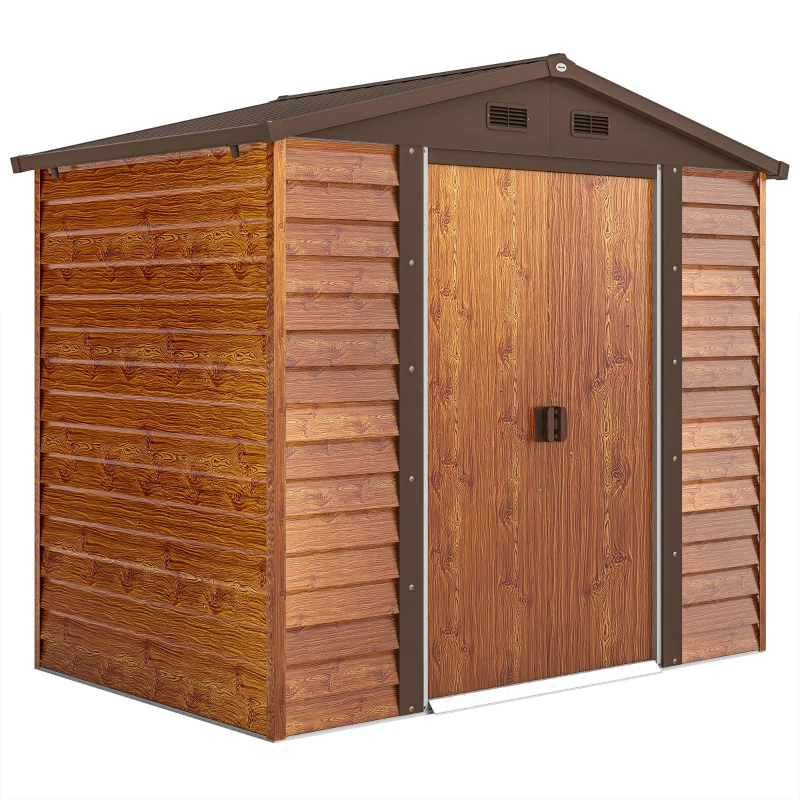 Outsunny Casetta da Giardino Porta Attrezzi con Porte Scorrevoli e Pareti Effetto Legno, 2.3x1.5x2 m, Marrone