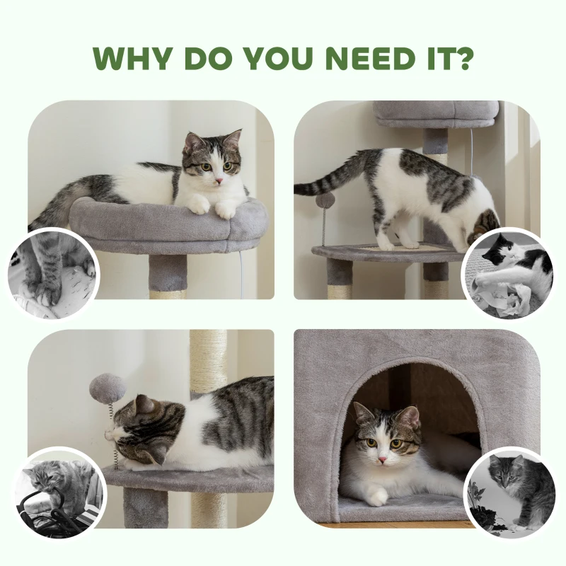 PawHut Kratzbaum mit Sisal-Kratzflächen, Plattform, Höhle, Plüschstoff, Bälle, 49x49x114cm Hellgrau