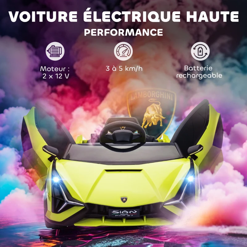 HOMCOM Voiture électrique Enfants de Sport Supercar sous Licence Lamborghini Sian 12 V - V. Max. 5 Km/h avec Télécommande 2,4G Effets sonores + Lumineux Vert(m-4)