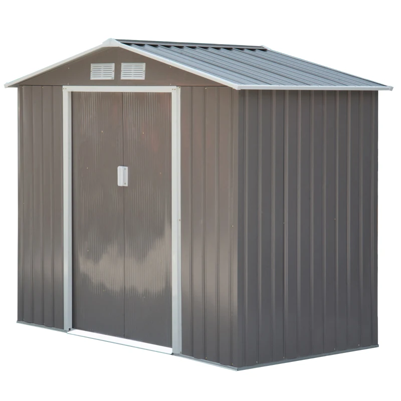 Outsunny 7ft x 4ft Lockable Garden Storage Shed, Metal Tool Storage Sheds with Sloped Roof and Foundation, Grey(m-11)