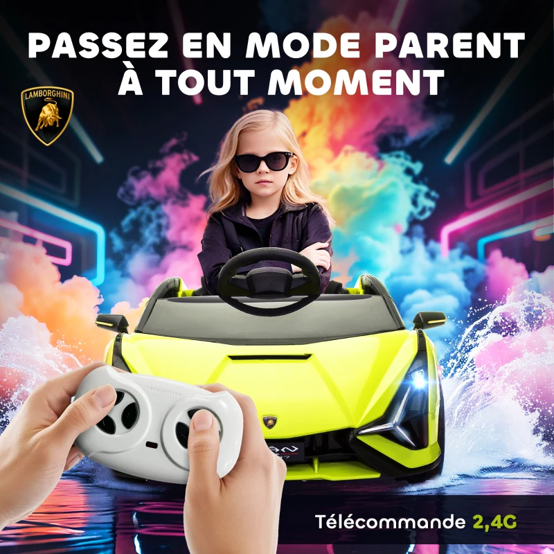 HOMCOM Voiture électrique Enfants de Sport Supercar sous Licence Lamborghini Sian 12 V - V. Max. 5 Km/h avec Télécommande 2,4G Effets sonores + Lumineux Vert(m-5)