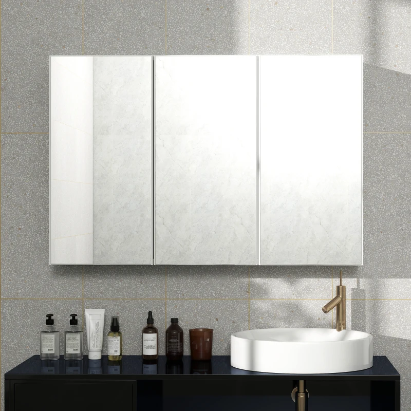 HOMCOM Armario de Espejo de Baño Armario de Baño con 3 Puertas de Espejo Montaje en Pared 90x15,5x60 cm Aglomerado Blanco