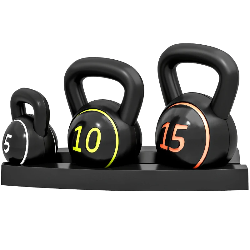 SPORTNOW Lot de 3 kettlebells 2,2, 4,5 et 6,8 kg poignée antidérapante entraînement sport fitness avec plateau de rangement noir