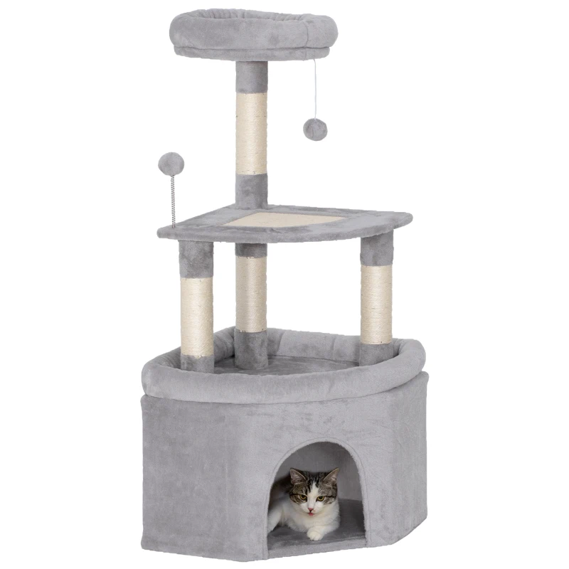 PawHut Kratzbaum mit Sisal-Kratzflächen, Plattform, Höhle, Plüschstoff, Bälle, 49x49x114cm Hellgrau