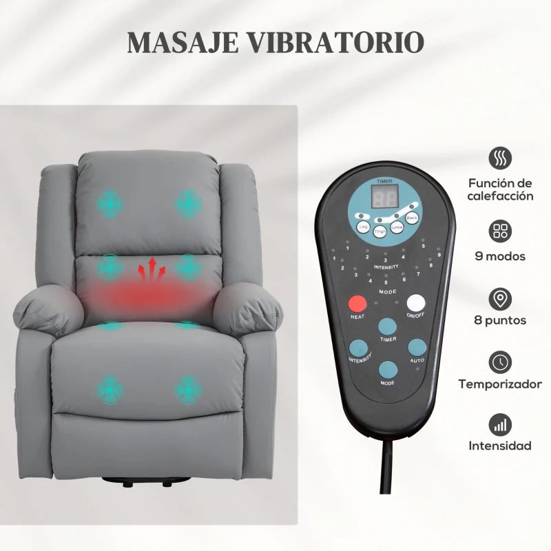 HOMCOM Sillón Levanta Personas Eléctrico con 8 Punto de Masaje Función de Calentamiento 2 Controles Remotos y Bolsillo Gris