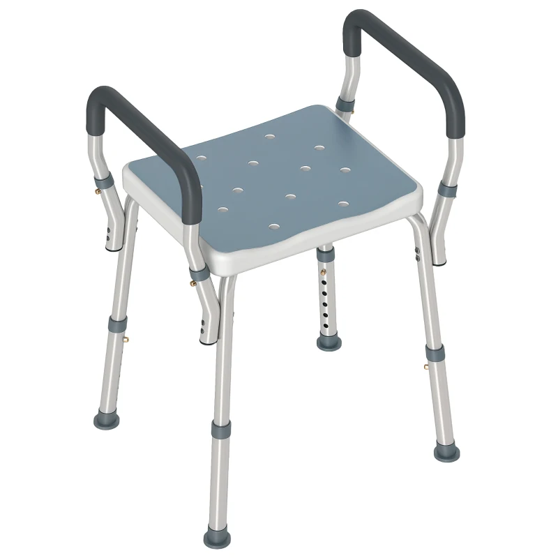 HOMCOM Sgabello per Doccia Regolabile con Braccioli e Fori di Drenaggio, in Alluminio, HDPE e EVA, 52x45x57-69 cm