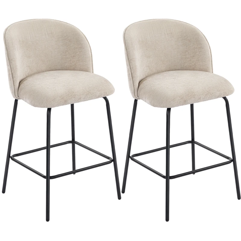 HOMCOM Juego de 2 Taburetes de Barra con Respaldo y Reposapiés, Sillas Acolchadas con Patas de Acero para Isla de Cocina, Comedor, Beige