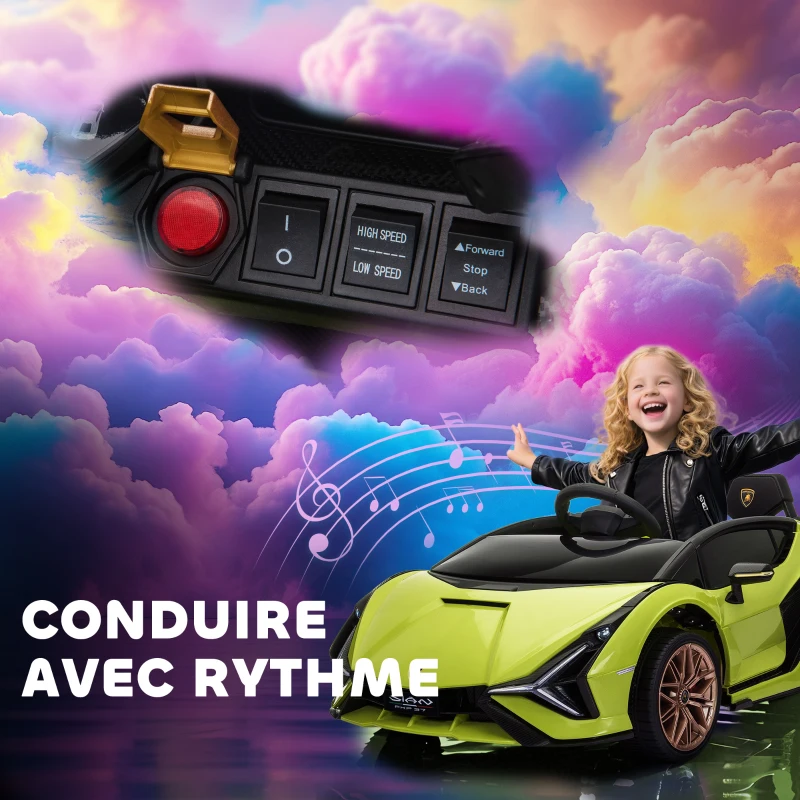 HOMCOM Voiture électrique Enfants de Sport Supercar sous Licence Lamborghini Sian 12 V - V. Max. 5 Km/h avec Télécommande 2,4G Effets sonores + Lumineux Vert(m-7)