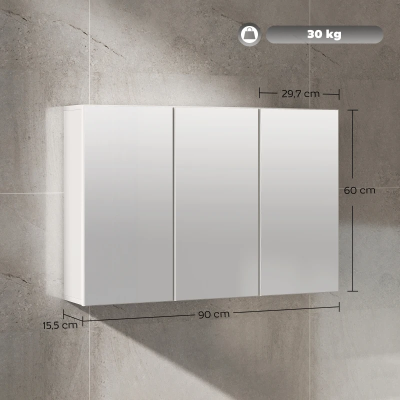 HOMCOM Armario de Espejo de Baño Armario de Baño con 3 Puertas de Espejo Montaje en Pared 90x15,5x60 cm Aglomerado Blanco