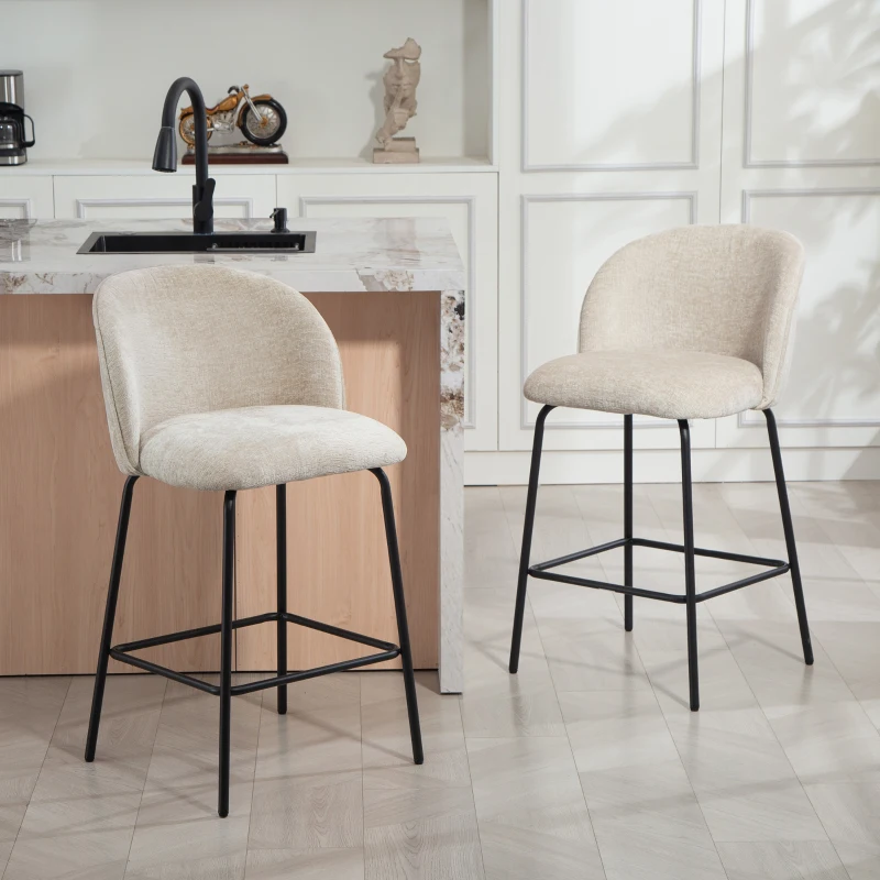 HOMCOM Lot de 2 tabourets de bar avec dossier et repose-pieds, chaises rembourrées avec pieds en acier pour îlot de cuisine, salle à manger, Beige
