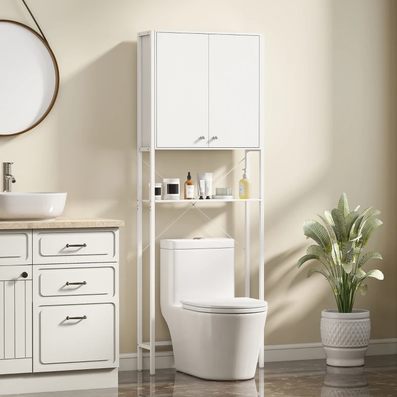 HOMCOM Mueble Baño sobre WC y Lavadora con Armario y Estante Abierto, 64x20x180 cm, Blanco
