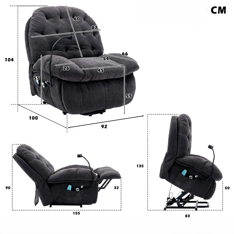 Butaca Relax Giratoria 360° con Masaje Calefacción Lumbar Porta Smartphone y Bolsillo Lateral Gris