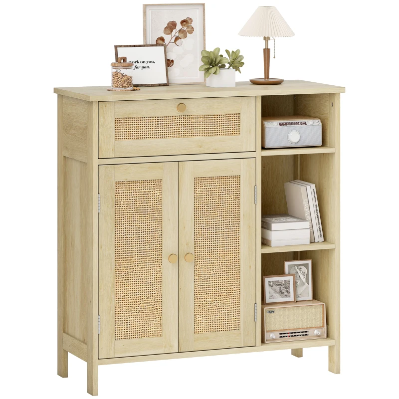 HOMCOM Credenza in legno con 2 porte in rattan, cassetto, nicchie aperte e mensole regolabili, 75x30x79,5cm, Legno naturale