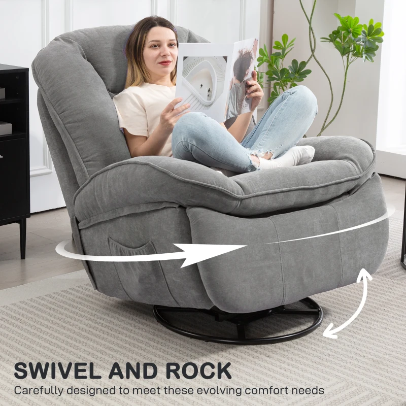 HOMCOM Fotel Relaksacyjny z Funkcją Leżenia, Kołysanie, Obrotowy z Podnóżkiem, Ciemnoszary