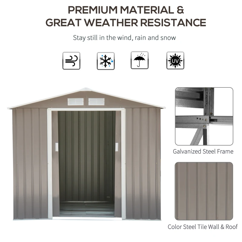 Outsunny 7ft x 4ft Lockable Garden Storage Shed, Metal Tool Storage Sheds with Sloped Roof and Foundation, Grey(m-4)