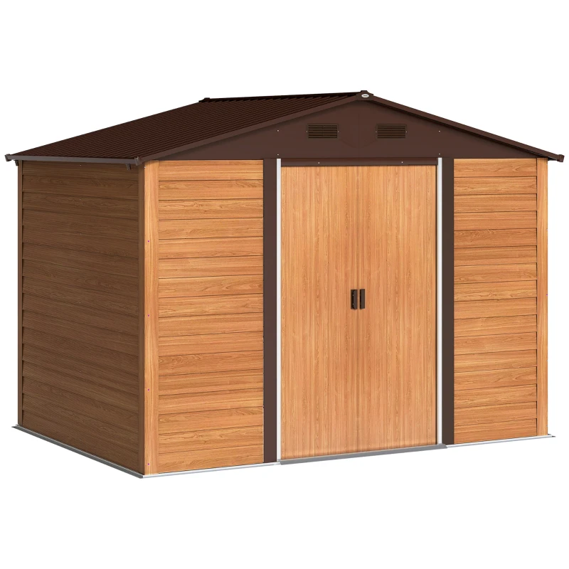 Outsunny Casetta da Giardino in Acciaio Effetto Legno e Doppie Porte Scorrevoli, 278x195x215 cm, Marrone