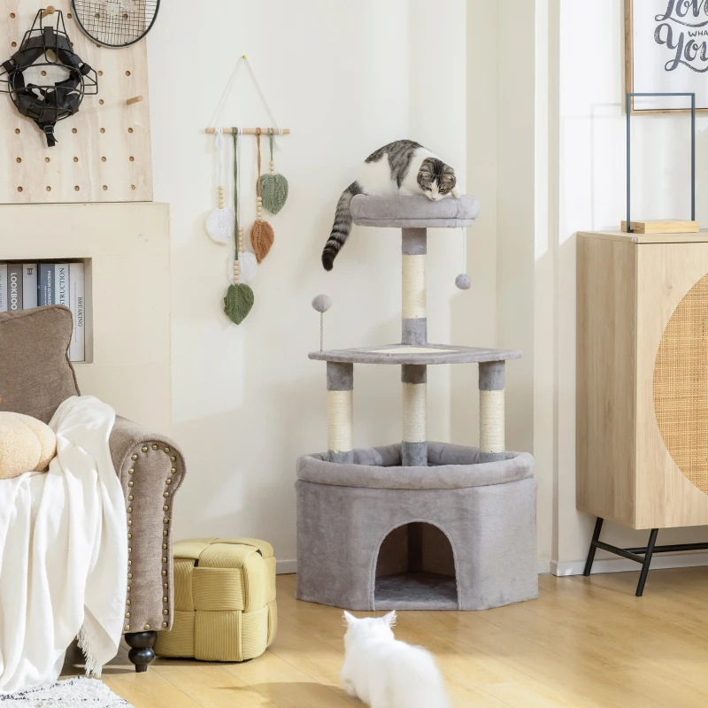 PawHut Albero tiragraffi per gatti con palo in sisal, piattaforma e rifugio, 49x49x114cm, Grigio chiaro