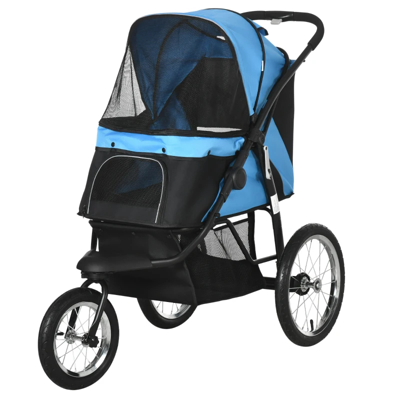 PawHut hondenkinderwagen, opvouwbaar, zonnescherm, gaasvenster, opbergmand, blauw, 111 x 58 x 107 cm(m-11)