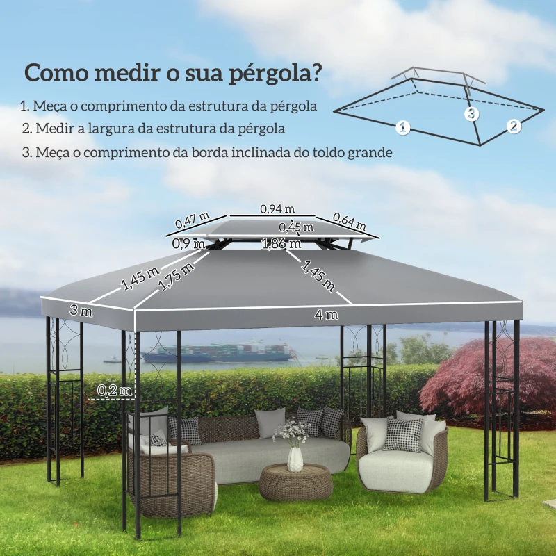 Outsunny Toldo de Substituição 4x3m para Pérgola de Jardim 2 Níveis Respirável com 10 Orifícios de Drenagem Cinza Claro