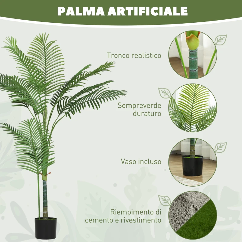 HOMCOM Pianta Finta Palma Areca Alta 150 cm per Interni con Vaso, Decorazione per Casa e Ufficio, Verde