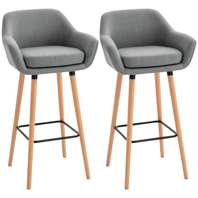 HOMCOM Set of 2 Bar Stools Modern Upholstered Seat Bar Chairs w/ Metal Frame, Solid Wood Legs Living Room Dining Room Fabric Furniture - Grey(m-10)