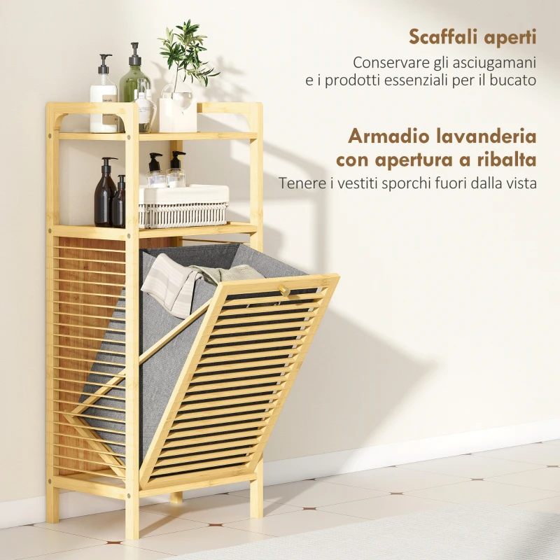 HOMCOM Mobile Bagno a Doghe con Cesto Portabiancheria e Armadietto, in Bambù e Poliestere, 40x30x95 cm, Grigio e Legno
