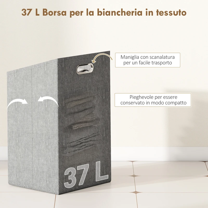 HOMCOM Mobile Bagno a Doghe con Cesto Portabiancheria e Armadietto, in Bambù e Poliestere, 40x30x95 cm, Grigio e Legno