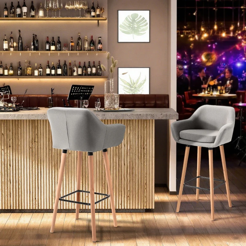 HOMCOM Set of 2 Bar Stools Modern Upholstered Seat Bar Chairs w/ Metal Frame, Solid Wood Legs Living Room Dining Room Fabric Furniture - Grey(m-8)