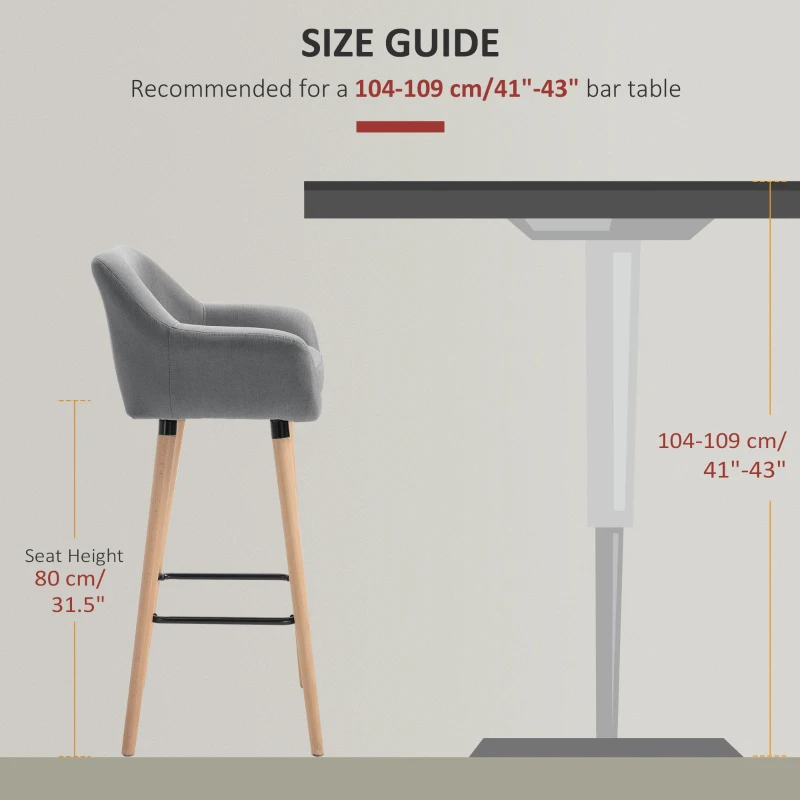 HOMCOM Set of 2 Bar Stools Modern Upholstered Seat Bar Chairs w/ Metal Frame, Solid Wood Legs Living Room Dining Room Fabric Furniture - Grey(m-7)