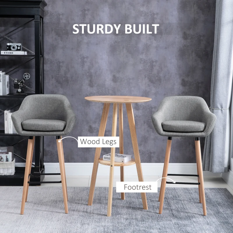 HOMCOM Set of 2 Bar Stools Modern Upholstered Seat Bar Chairs w/ Metal Frame, Solid Wood Legs Living Room Dining Room Fabric Furniture - Grey(m-6)