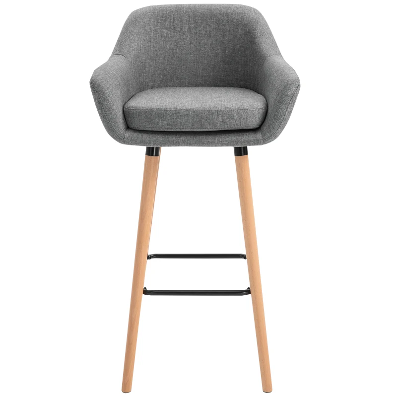 HOMCOM Set of 2 Bar Stools Modern Upholstered Seat Bar Chairs w/ Metal Frame, Solid Wood Legs Living Room Dining Room Fabric Furniture - Grey(m-11)