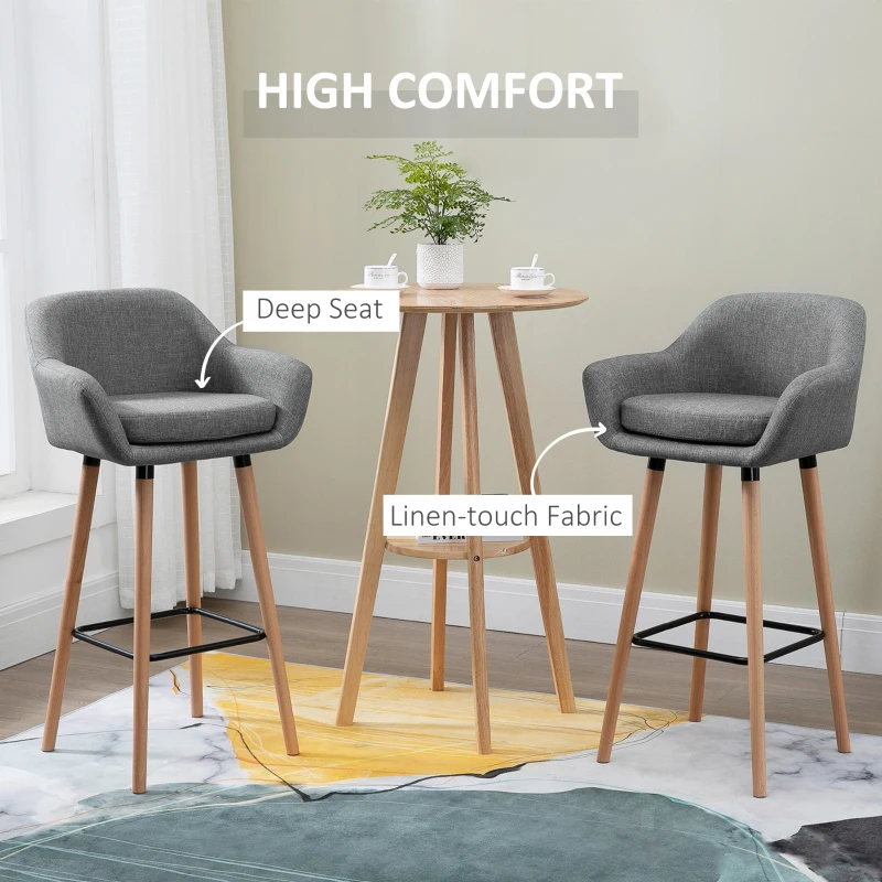 HOMCOM Set of 2 Bar Stools Modern Upholstered Seat Bar Chairs w/ Metal Frame, Solid Wood Legs Living Room Dining Room Fabric Furniture - Grey(m-5)