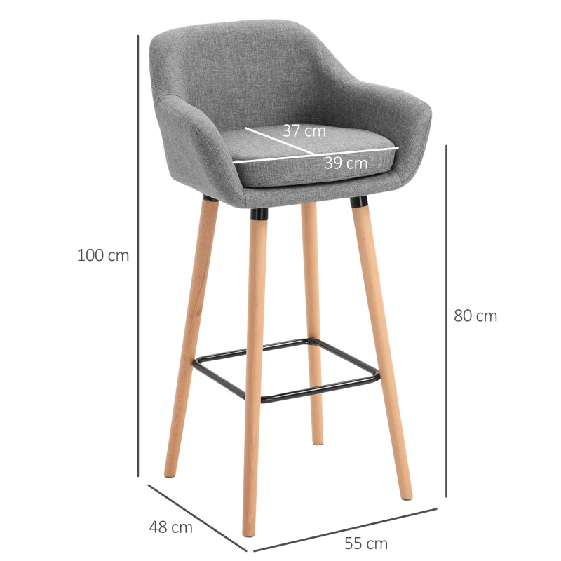 HOMCOM Set of 2 Bar Stools Modern Upholstered Seat Bar Chairs w/ Metal Frame, Solid Wood Legs Living Room Dining Room Fabric Furniture - Grey(m-3)