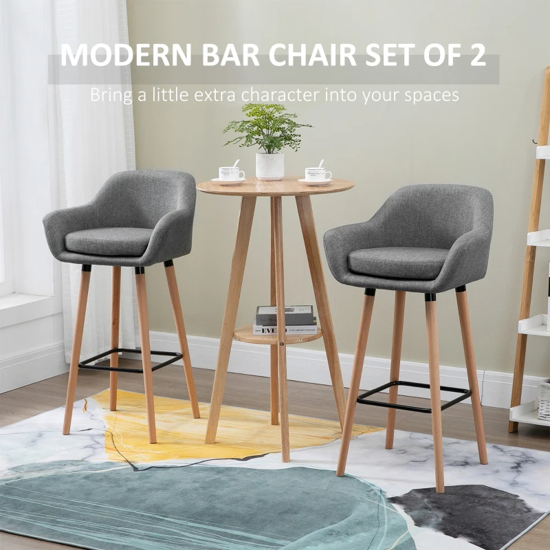 HOMCOM Set of 2 Bar Stools Modern Upholstered Seat Bar Chairs w/ Metal Frame, Solid Wood Legs Living Room Dining Room Fabric Furniture - Grey(m-4)