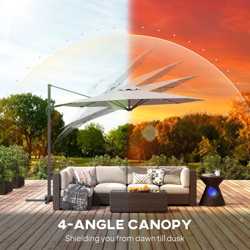 Outsunny 3(m) Cantilever Roma Parasol Patio Sun Umbrella with Crank & Tilt LED Solar Light Cross Base 360° Rotating Outdoor, Dark Grey