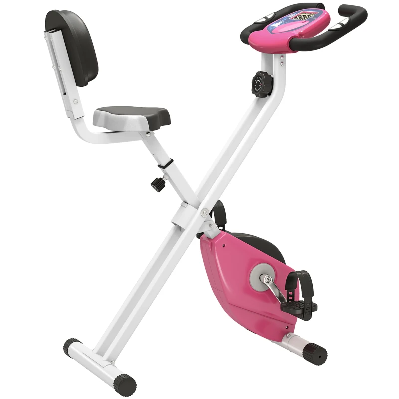 HOMCOM Bicicleta Estática Plegable con Resistencia Magnética Asiento con Altura Ajustable y Pulsómetro 43x97x109 cm Rosa