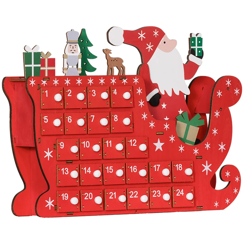 HOMCOM Calendario de Adviento llenable de madera, decoración navideña con 24 cajones, Papá Noel y trineo, 22,5x8x36cm, rojo