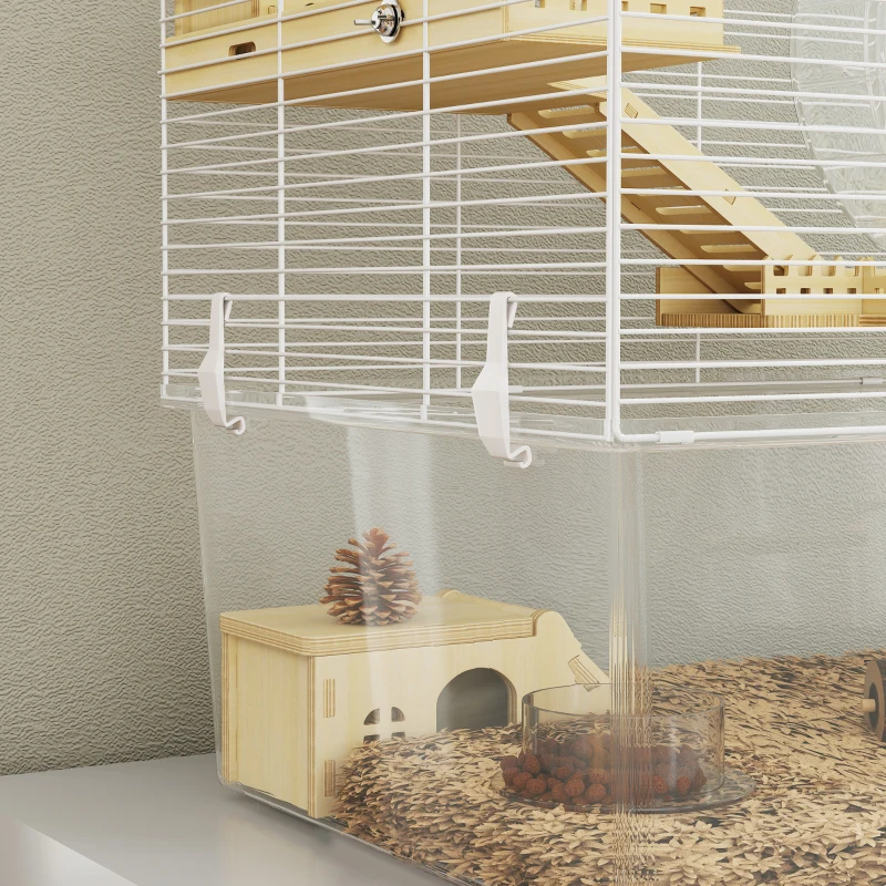 PawHut Cage à hamster à 3 niveaux, cage rongeur avec roue d'exercice, plateau profond transparent, 59 x 35,5 x 47 cm, blanc